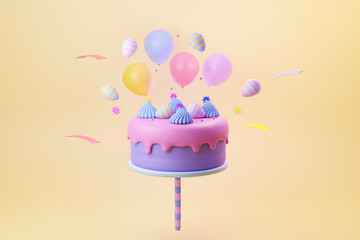 Easter egg party with a minimal cake with balloon decoration 3d illustration