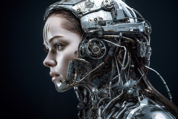 Fototapeta premium Beautiful young woman robot made of sateel, studio portrait, isolated on black background. Generative AI