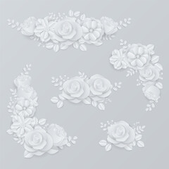 Paper flowers wreath set on gray background