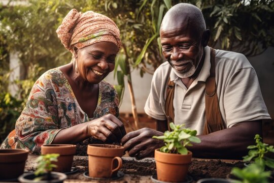 Happy African Senior People Gardening Together At Home