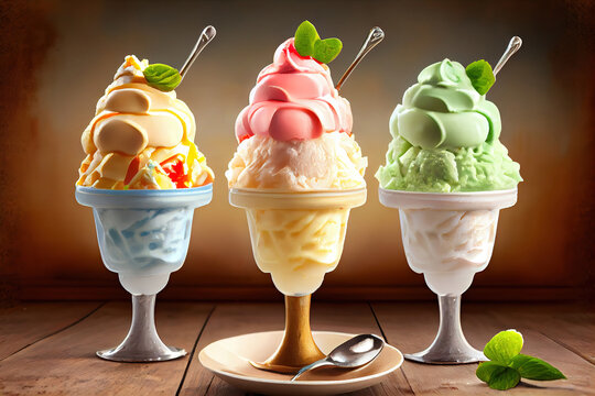 Assortment of Italian ice cream sundaes. Generative Ai