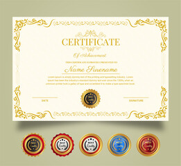 Certificate of Appreciation and Achievement template. Clean modern certificate with gold badge and modern curve line pattern. Diploma award design for business and education needs.