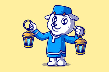 Cute Muslim Sheep Cartoon Eid Al-Fitr Mubarak