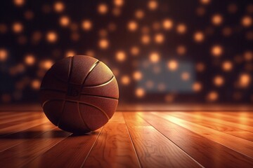 Illuminated Basketball Moment: Hardwood Court with Lights Shining on the Ball. Generative AI