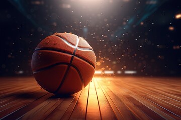Illuminated Basketball Moment: Hardwood Court with Lights Shining on the Ball. Generative AI