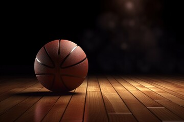 Basketball Spotlight: Ball on a Wooden Court with Bright Illumination. Generative AI