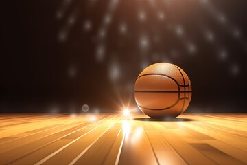Basketball Spotlight: Ball on a Wooden Court with Bright Illumination. Generative AI
