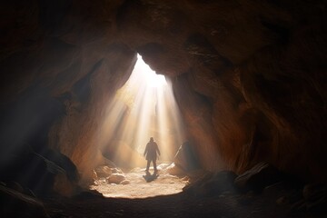 Sunny Cave with Daylight Shining Through Openings. Generative AI.