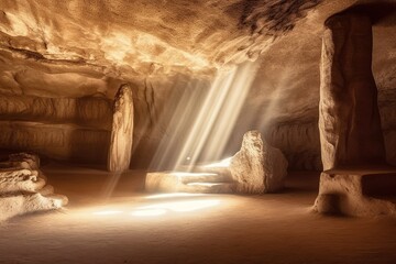 Unveiling the Past: Sunlight Illuminating an Ancient Room within a Cave. Generative AI