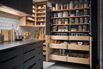a tidy kitchen with storage solutions for cooking essentials and spices, created with generative ai - obrazy, fototapety, plakaty