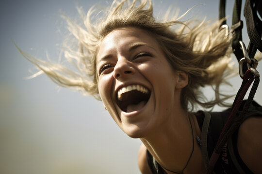 Beautiful young woman bungee jumping and having a lot of fun. Generative AI