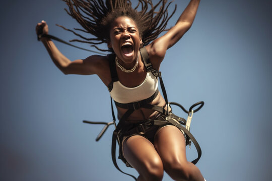 Beautiful young woman bungee jumping and having a lot of fun. Generative AI