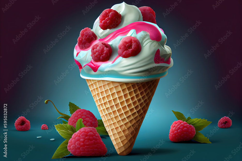 Poster white chocolate and raspberry ice cream. generative ai