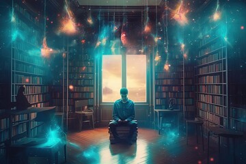 Enchanted Library Dreams: Man Reading Amidst Flying Rainbows and Starry Skies. Generative AI