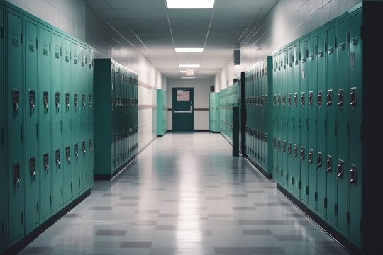 Secure and Stylish: Green Lockers Lining a School Hallway. Generative AI