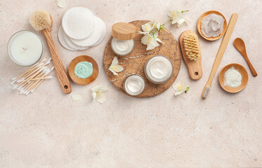 Fototapeta na wymiar skincare products and jasmine flowers. zero waste eco friendly natural cosmetics for home spa
