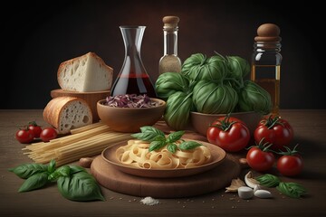 Pasta ingredients on a wooden table