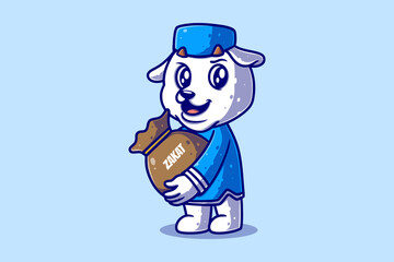 Cute Muslim Sheep Cartoon Character giving zakat