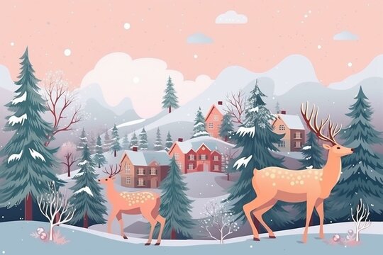 A New Year's greeting card with a happy new year. Winter landscape. Houses in the snow. Sleigh with Santa Claus. A team of deer. Winter forest. Generative AI