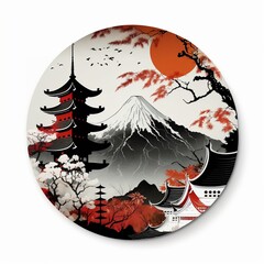 design a japanese temple and mountain in autumn with white black little red orange round sign. generative AI