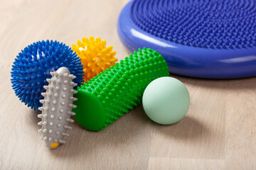 massage rubber balls, balance cushion and roller for self massage and reflexology