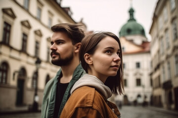 Young couple visiting a european city in the summer vacation. Generative AI