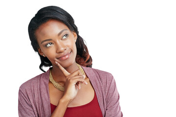 Thinking, black woman and vision for planning, creative and empowerment. Ideas, African female...