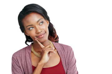 Thinking, black woman and vision for planning, creative and empowerment. Ideas, African female person and contemplation by fashion designer brainstorming isolated on a transparent, png background