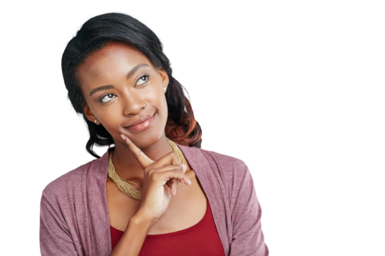 Thinking, black woman and vision for planning, creative and empowerment. Ideas, African female person and contemplation by fashion designer brainstorming isolated on a transparent, png background - Powered by Adobe