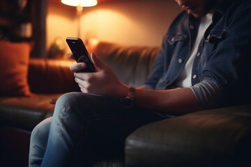 Young man using a smartphone inside a modern and comfortable living room. Generative AI