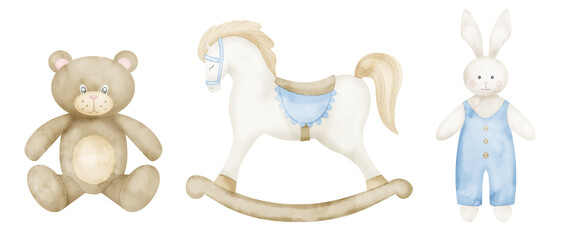 Baby Toys set. Hand drawn watercolor illustration of rocking horse and teddy bear. Drawing of bunny in pastel blue and beige colors. Bundle for childish shower greeting cards or kids invitations
