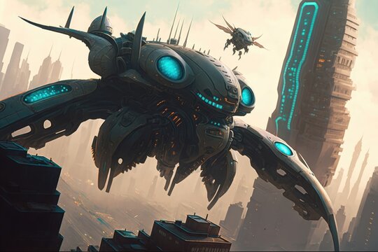 alien blaster with view of futuristic cityscape, complete with towering buildings and flying vehicles, created with generative ai