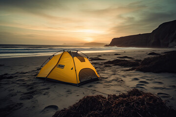 Tent on a beach outside of a mountain at sundown generative ai