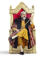 Old man, king and portrait for sitting on throne for theater production with sword by png background. Royal leader, monarch and isolated actor with crown, medieval fashion and thinking of conflict