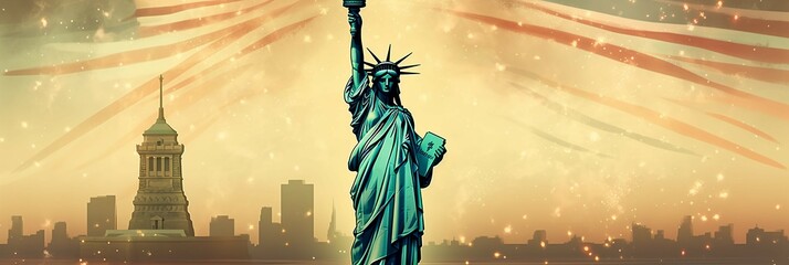 Independence Day greeting card or banner design with the Statue of Liberty, fireworks decoration; Copy space. AI generative - obrazy, fototapety, plakaty