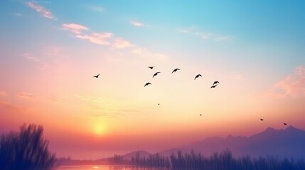 Naklejka na ściany i meble Beautiful Peaceful Spring Morning Sky with Birds