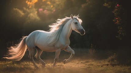 Naklejka na ściany i meble a white horse running in a field with trees in the backgrouund and a sunbeam in the background that is shining down on the grass. generative ai