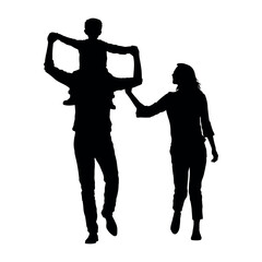 Father carrying son on shoulders while walking together with family vector silhouette.
