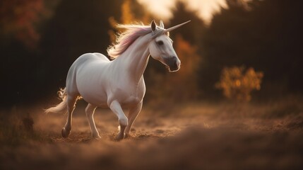 Naklejka na ściany i meble a white unicorn with a pink mane running through a field with trees in the backgrouf of the picture and a yellow sky in the background. generative ai