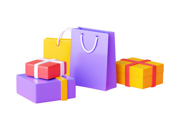 Shopping bag and box pile 3d render - group of various shop and gift paper packs.