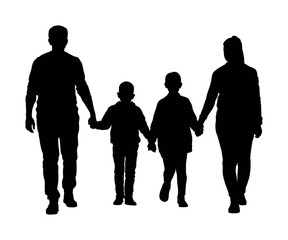 Silhouette of happy family holding hands walking together.