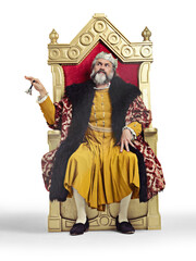 King, royalty bell and throne portrait of a Renaissance person face with wealth, power and luxury. Ruler, vintage fashion and mature male wanting service isolated on a transparent, png background