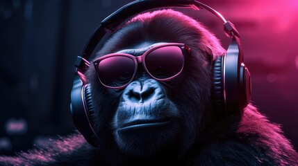 Cool gorilla wallpaper with headphones and sunglasses. Created with generative Ai technology