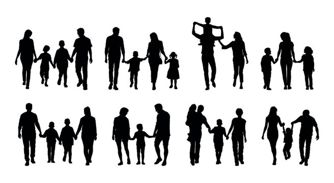 Family walking together various poses silhouette set.