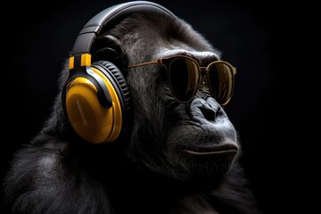 Cool gorilla wallpaper with headphones and sunglasses. Created with generative Ai technology