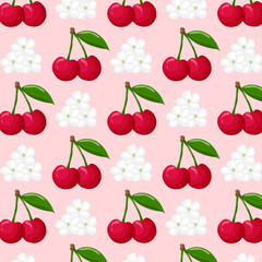 Fototapeta na wymiar Cherry berries and bunches of cherry, cherry flowers seamless pattern. For labels, menus, poster, print, or packaging design. Vector illustration