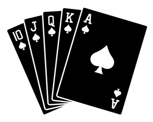Royal Flush. A poker hand of a royal flush in spades. Spades Royal Flush. Card fan black icon. Vector clipart. - obrazy, fototapety, plakaty
