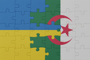 puzzle with the national flag of ukraine and algeria . macro.concept.
