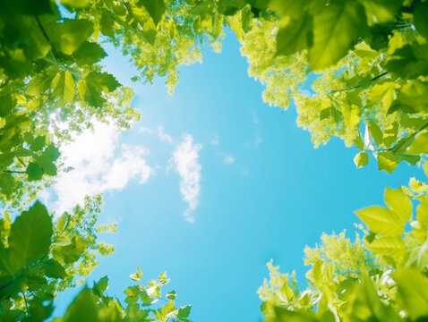 新緑の葉っぱと夏の日光と青空,Generative AI