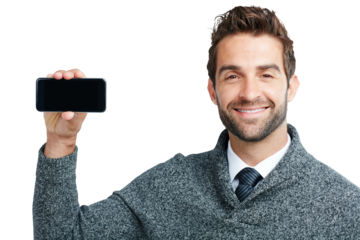 Phone, screen and portrait of business man on isolated, png and transparent background. Communication, branding and male worker smile with smartphone for mobile app, social media and website display